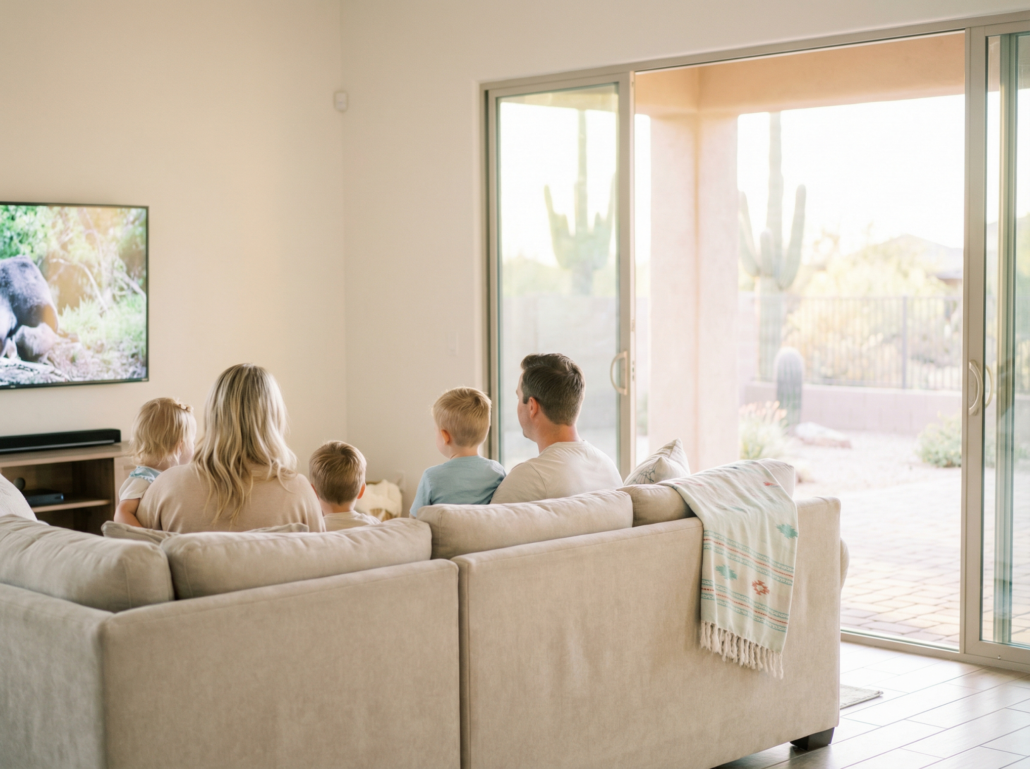 A family in a backyard. Kids playing. No stress on anyone's face.