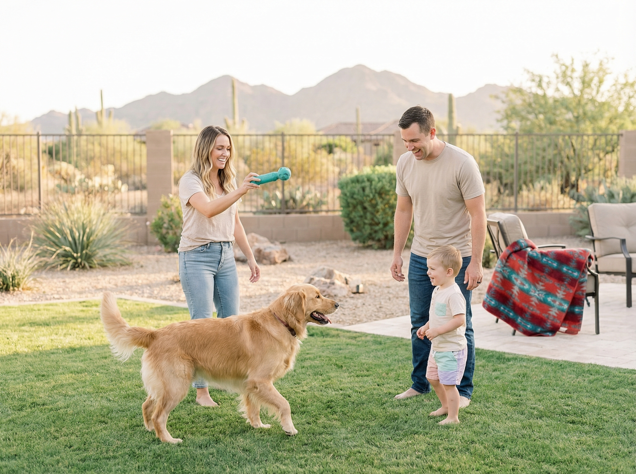 A kid walking barefoot through a house with a dog lounging on the floor.