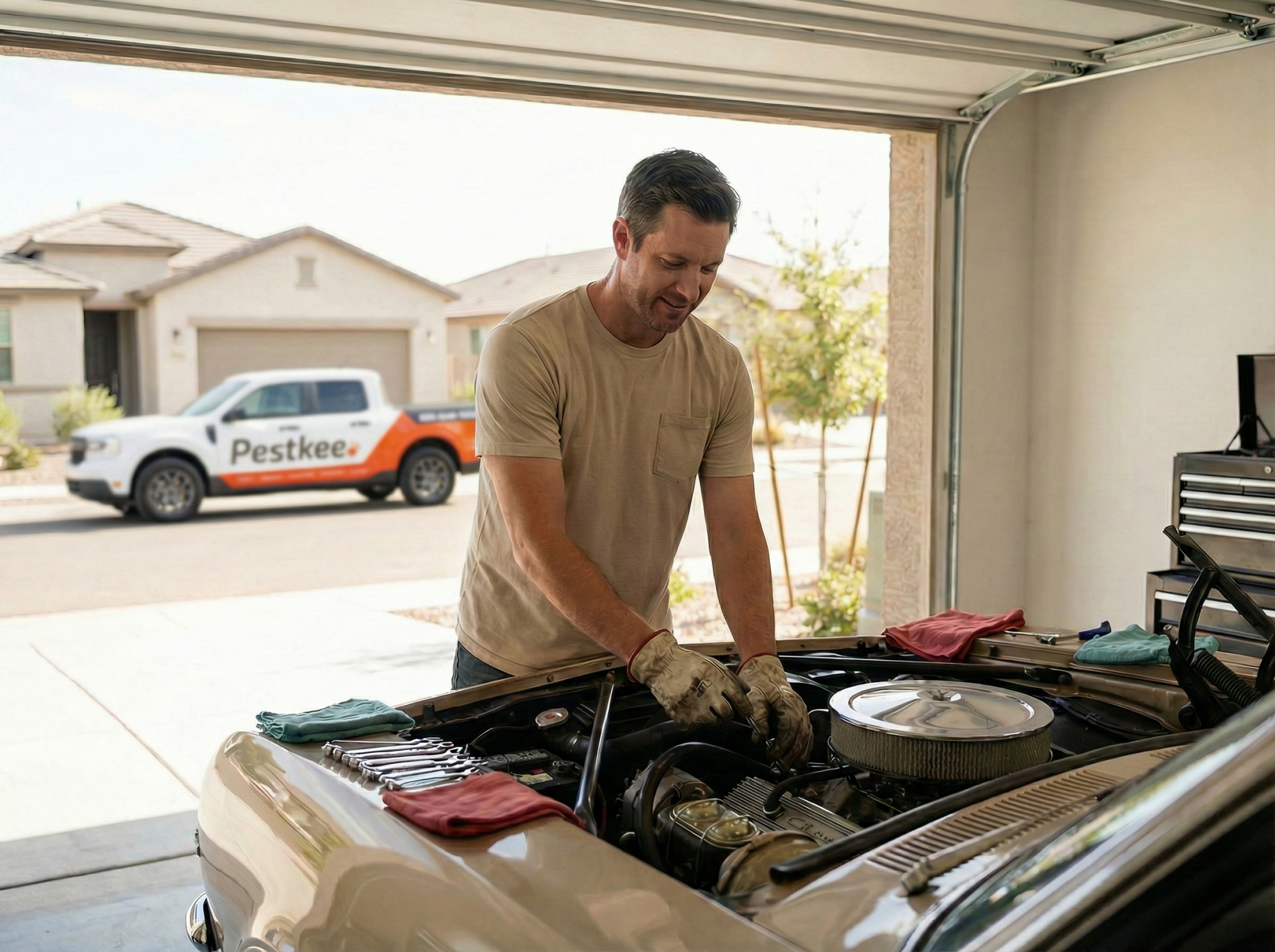 A homeowner relaxing on a weekend. Coffee on the patio.